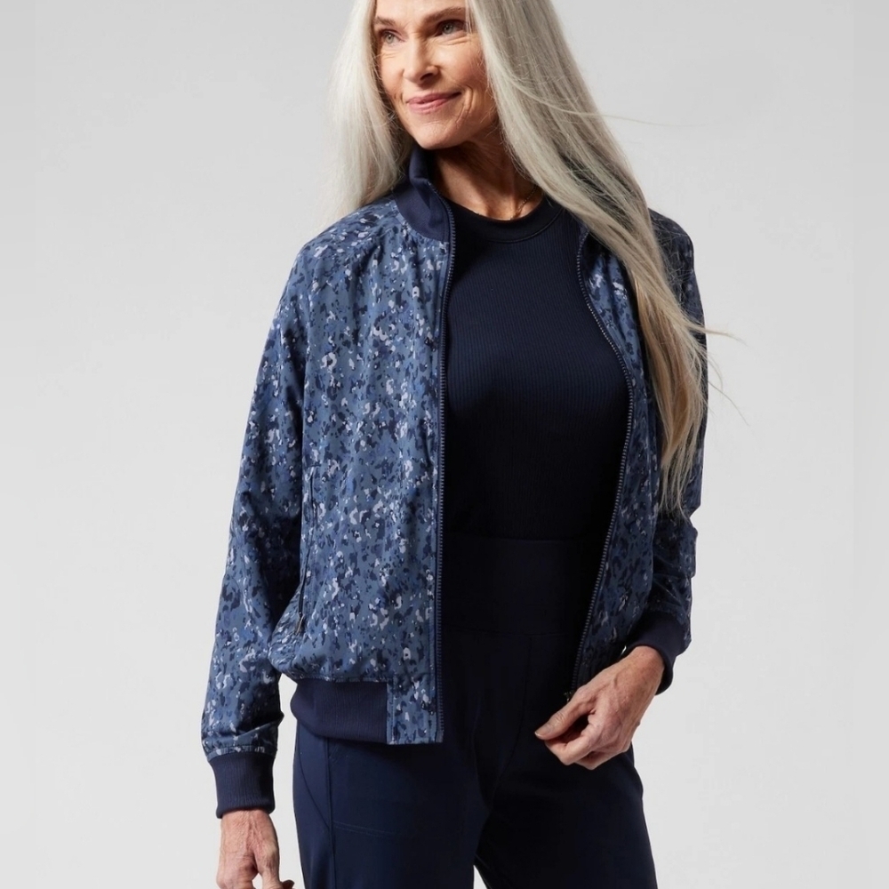Athleta Women’s Brooklyn Track Bomber Jacket II Camo Full Zip Navy Blue Size Lge